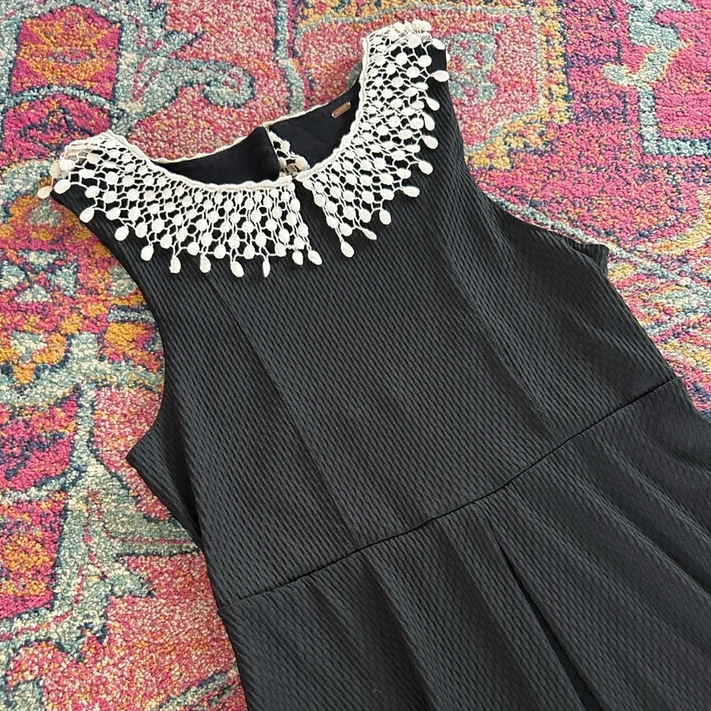 Free People | Womens Black Mini Dress Cream Crochet Peter Pan Collar Open Back M - Picture 10 of 16